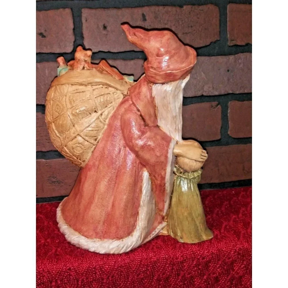Vintage Antique Santa Figure w Child & Bag of Toys Ceramic Neutral colors RARE